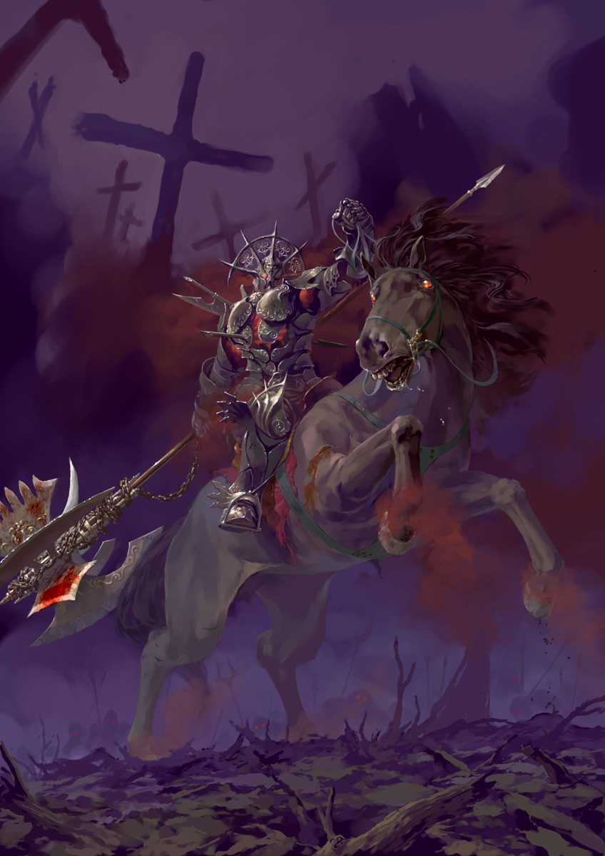 axe blood chain fantasy graveyard highres horse horseback_riding pixiv_fantasia pixiv_fantasia_1 polearm reise riding solo warrior weapon