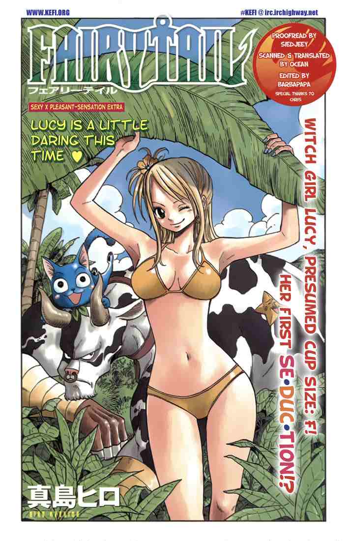 bikini blonde_hair blue_skin boy_cow bull cat cow_print fairy_tail female fingerless_gloves gloves happy_(fairy_tail) horns lucy_heartfilia lucy_heartphilia piercing plant plants star swimsuit taurus_(fairy_tail) text wink zodiac