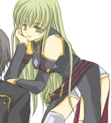 1girl artist_request bent_over c.c. code_geass contrapposto detached_sleeves green_eyes green_hair hand_on_own_cheek lelouch_lamperouge long_hair long_sleeves lowres shorts simple_background sitting smile solo_focus thighhighs thighs very_long_hair white_background white_legwear