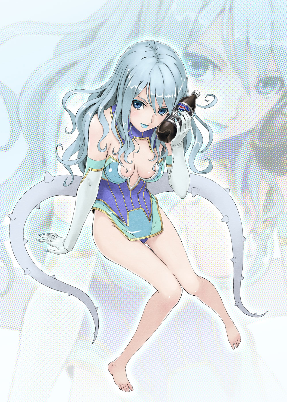 arm_support bare_legs barefoot blue_eyes blue_hair blue_leotard blue_lipstick blue_rose_(tiger_&amp;_bunny) bottle_to_cheek breasts cleavage drink elbow_gloves feet fingernails fukukitaru gloves highres karina_lyle knees_together_feet_apart legs leotard lips lipstick long_hair makeup medium_breasts moire no_hat no_headwear no_legwear pepsi pepsi_nex product_placement sitting soda solo superhero tiger_&amp;_bunny toes transparent_breasts_pads zoom_layer