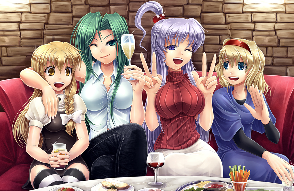 ahoge alice_margatroid alternate_costume bad_hands blonde_hair bow braid breasts casual contemporary couch double_v drinking glass hair_bobbles hair_bow hair_ornament hairband hand_on_another's_chest kirisame_marisa koto_tsubane large_breasts lavender_hair long_hair mima multiple_girls no_hat no_headwear one_eye_closed shinki single_braid sitting smile sweater thighhighs touhou touhou_(pc-98) v