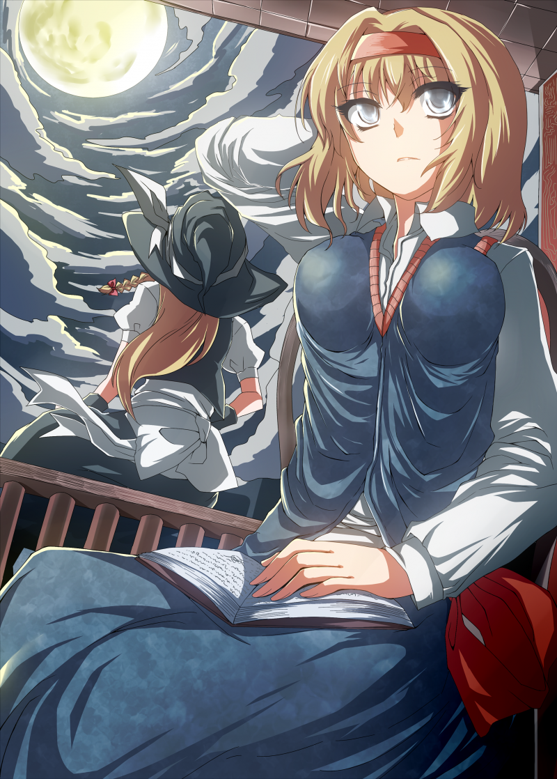 alice_margatroid back bad_id bad_pixiv_id blonde_hair book breasts cloud cloudy_sky from_behind full_moon grey_eyes hairband hand_behind_head hat kirisame_marisa large_breasts long_hair miruto92 moon multiple_girls night short_hair sitting sky touhou witch_hat