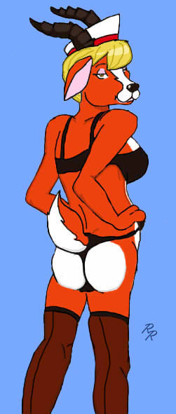 blue_background bra breasts butt female gazelle hair half-closed_eyes horn legwear lingerie looking_at_viewer looking_back my_gym_partner's_a_monkey my_gym_partner's_a_monkey nurse nurse_gazelle orange orange_body panties plain_background rascalraccoon solo stockings tail underwear