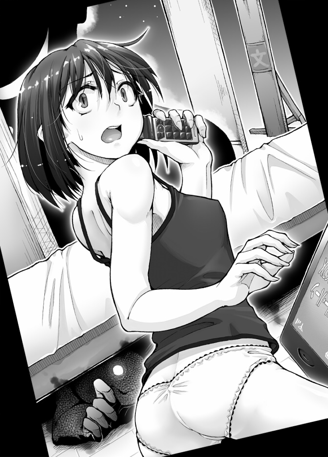 aya_shachou camisole cellphone glowing glowing_eyes greyscale looking_back monochrome open_mouth outstretched_hand panties phone short_hair solo sweatdrop touhou underwear underwear_only usami_renko
