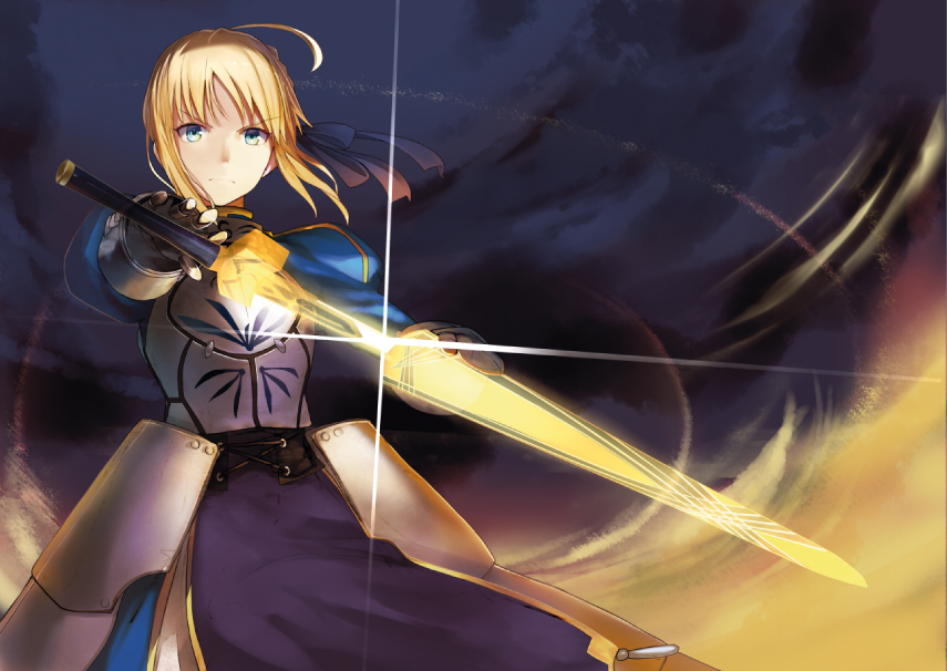 ahoge armor armored_dress artoria_pendragon_(all) blonde_hair blue_eyes breastplate dress excalibur fate/zero fate_(series) faulds frown gauntlets glowing glowing_sword glowing_weapon hair_ribbon juliet_sleeves lens_flare long_sleeves looking_at_viewer puffy_sleeves ribbon saber sheath shirabi short_hair solo sword unsheathing weapon wind