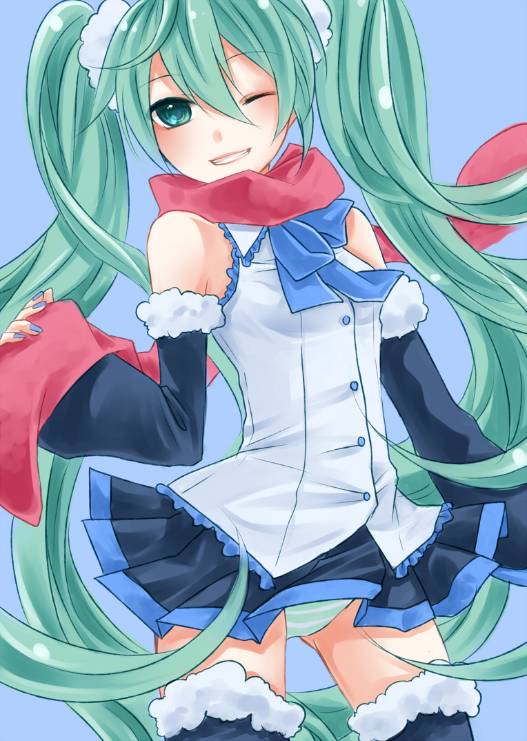 bow bowtie detached_sleeves green_eyes green_hair grin hair_between_eyes hatsune_miku long_hair nail_polish one_eye_closed panties red_scarf scarf simple_background skirt smile solo striped striped_panties thighhighs twintails underwear very_long_hair vocaloid yayoi_(egoistic_realism)