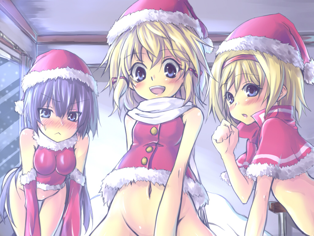 :&lt; alice_margatroid all_fours alternate_costume bad_id bad_pixiv_id blonde_hair blue_eyes blush bottomless breasts buttons capelet christmas detached_sleeves groin hair_ribbon hairband hat leaning_forward long_hair moriya_suwako multiple_girls navel nude open_mouth oukawa_yuu out-of-frame_censoring patchouli_knowledge purple_eyes purple_hair ribbon santa_costume santa_hat short_hair small_breasts smile touhou window