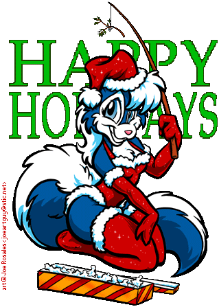 angel_(character) anthro christmas clothed clothing cute female fluffy_tail gloves hat holidays joe_rosales legwear looking_at_viewer mammal mistletoe pinup pose santa_hat skunk solo stockings tail wildlifers xmas