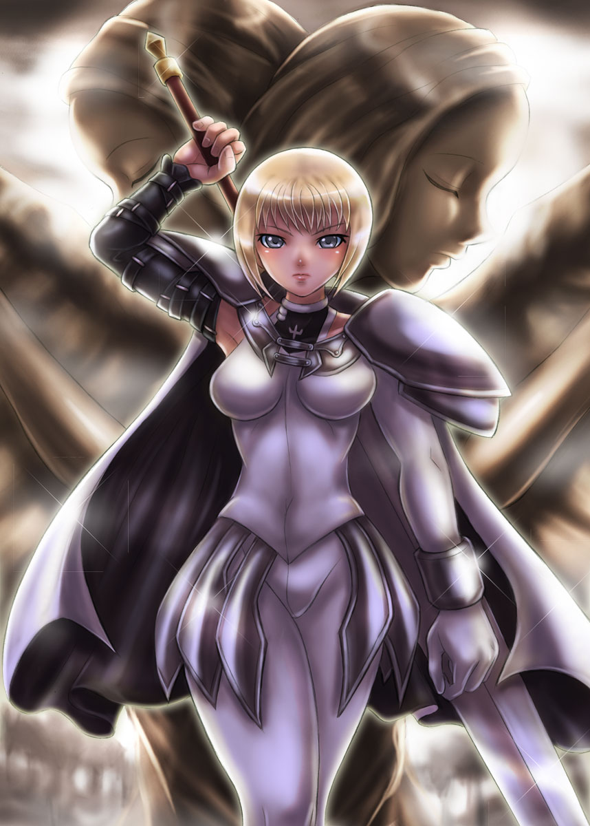 armor blonde_hair boken_fantasy bracer cape clare_(claymore) claymore claymore_(sword) closed_eyes faulds highres irene_(claymore) projected_inset short_hair shoulder_pads silver_eyes solo sword teresa_(claymore) weapon