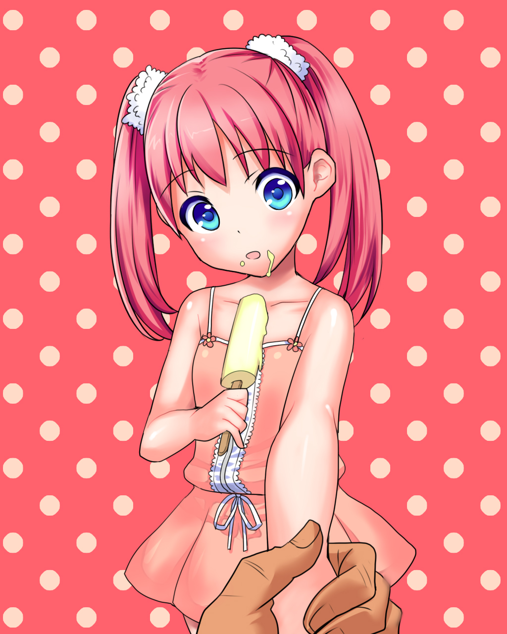 arm_grab blue_eyes child dress highres looking_at_viewer pink_hair popsicle pov pov_eye_contact sleeveless twintails