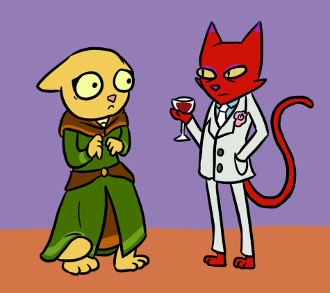 2011 alcohol anthro beverage cat courage_the_cowardly_dog crossover duo feline female flower katia_managan katz khajiit male mammal nightingalerb oblivion prequel scared the_elder_scrolls the_elder_scrolls_iv:_oblivion tuxedo video_games wine wine_glass