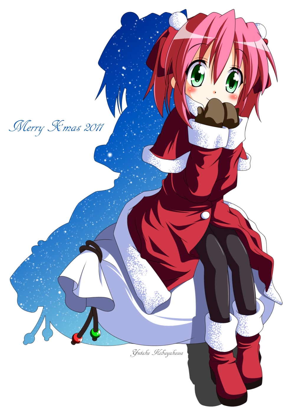 2011 christmas green_eyes highres kobayakawa_yutaka lucky_star mittens pantyhose pink_hair rindou_(awoshakushi) sack santa_costume short_hair silhouette solo twintails