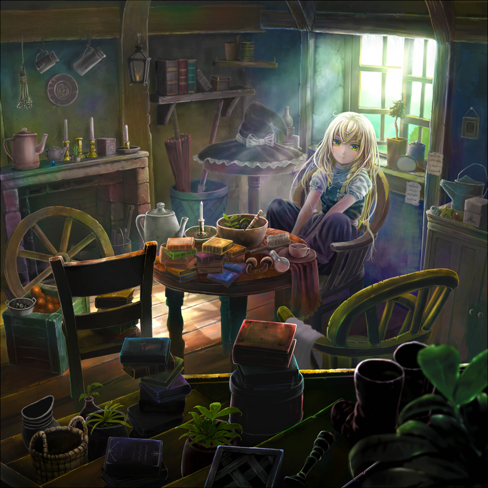 bad_id bad_pixiv_id basket blonde_hair book book_stack boots box braid buttons candle chair cup cupboard dress fireplace hair_brush hair_ribbon hat hat_removed hat_ribbon headwear_removed herb_bundle kettle kirisame_marisa long_hair paper plant plate potted_plant ribbon room side_braid single_braid sitting smile solo sunlight table teacup touhou umbrella wheel window witch_hat yellow_eyes yoshitake