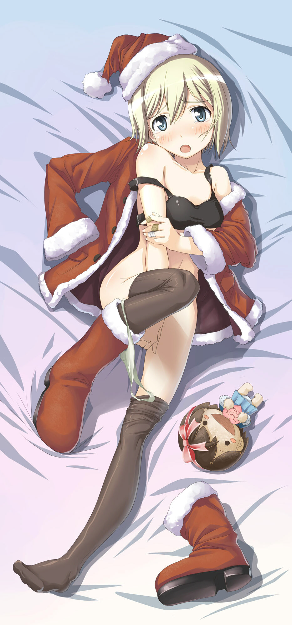 bandaid bed_sheet black_bra black_legwear blonde_hair blue_eyes blush blush_stickers boots bra character_doll christiane_barkhorn christmas covering covering_crotch embarrassed erica_hartmann fur fur_trim hat hi-ho- highres knee_boots legs lingerie looking_at_viewer lying off_shoulder on_back panties panties_around_one_leg pink_ribbon ribbon santa_boots santa_costume santa_hat shoes short_hair single_shoe solo sports_bra strap_slip strike_witches tears thighhighs underwear undressing world_witches_series
