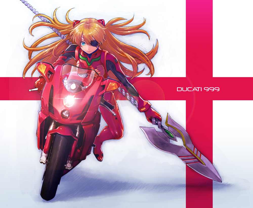 bangs blue_eyes bodysuit boyaking bracer breasts closed_mouth ducati ducati_999 evangelion:_3.0_you_can_(not)_redo eyepatch full_body gem gloves ground_vehicle hair_between_eyes hair_ornament headgear headlight holding holding_weapon leaning leaning_forward lens_flare light_smile long_hair motor_vehicle motorcycle neon_genesis_evangelion number on_motorcycle orange_hair outstretched_arms parted_bangs pilot_suit plugsuit polearm rebuild_of_evangelion riding shadow shikinami_asuka_langley simple_background small_breasts smile solo souryuu_asuka_langley spear spear_of_cassius tape turtleneck very_long_hair weapon white_background