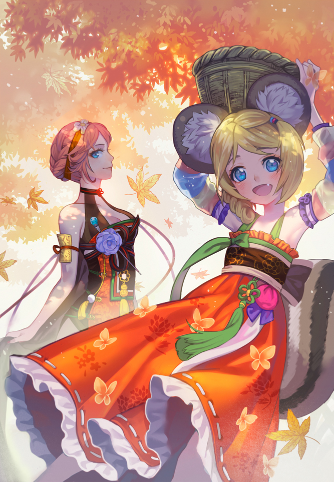 2girls :d animal_ear_fluff animal_ear_request animal_ears armpits arms_up autumn_leaves backlighting bare_arms bare_shoulders basket blade_&amp;_soul blonde_hair blue_eyes breasts cleavage closed_mouth commentary_request day detached_sleeves fang flat_chest floral_print flower_knot hanbok hands_above_head jin_(blade_&amp;_soul) korean_clothes leaf lino_chang long_sleeves looking_at_viewer lyn_(blade_&amp;_soul) maple_leaf medium_breasts multicolored_sleeves multiple_girls nape open_mouth outdoors outstretched_wrists pink_hair profile ribbon_trim short_hair smile tail tree very_short_hair