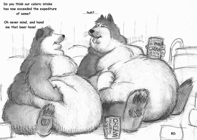 anthro bd beer belly beverage canine cream dialog dialogue dog duo gay humor love_handles male mammal naturally_censored nude obese overweight stuffing text