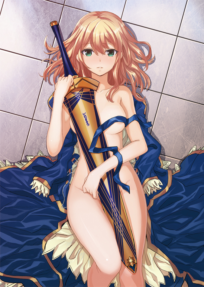 artoria_pendragon_(all) avalon_(fate/stay_night) bad_id bad_pixiv_id blonde_hair blush breasts collarbone covering covering_breasts covering_crotch excalibur fate/zero fate_(series) green_eyes groin hair_down long_hair looking_at_viewer lying medium_breasts nude on_back saber saitou_masatsugu scabbard sheath sheathed solo sword weapon