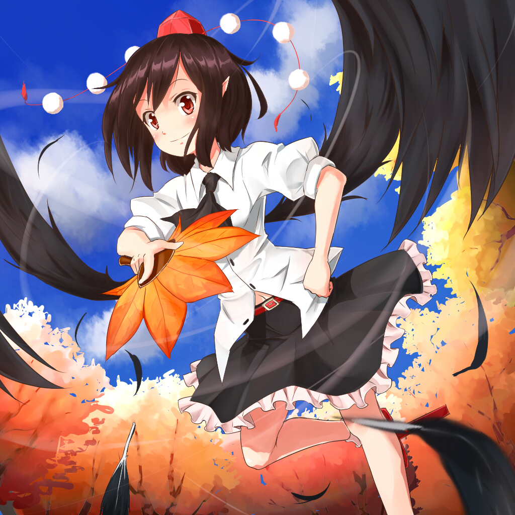 blush brown_hair cloud day fan feathers hand_on_hip hat hauchiwa looking_at_viewer orange-pengin pointing pointy_ears red_eyes shameimaru_aya smile solo tokin_hat touhou tree wings