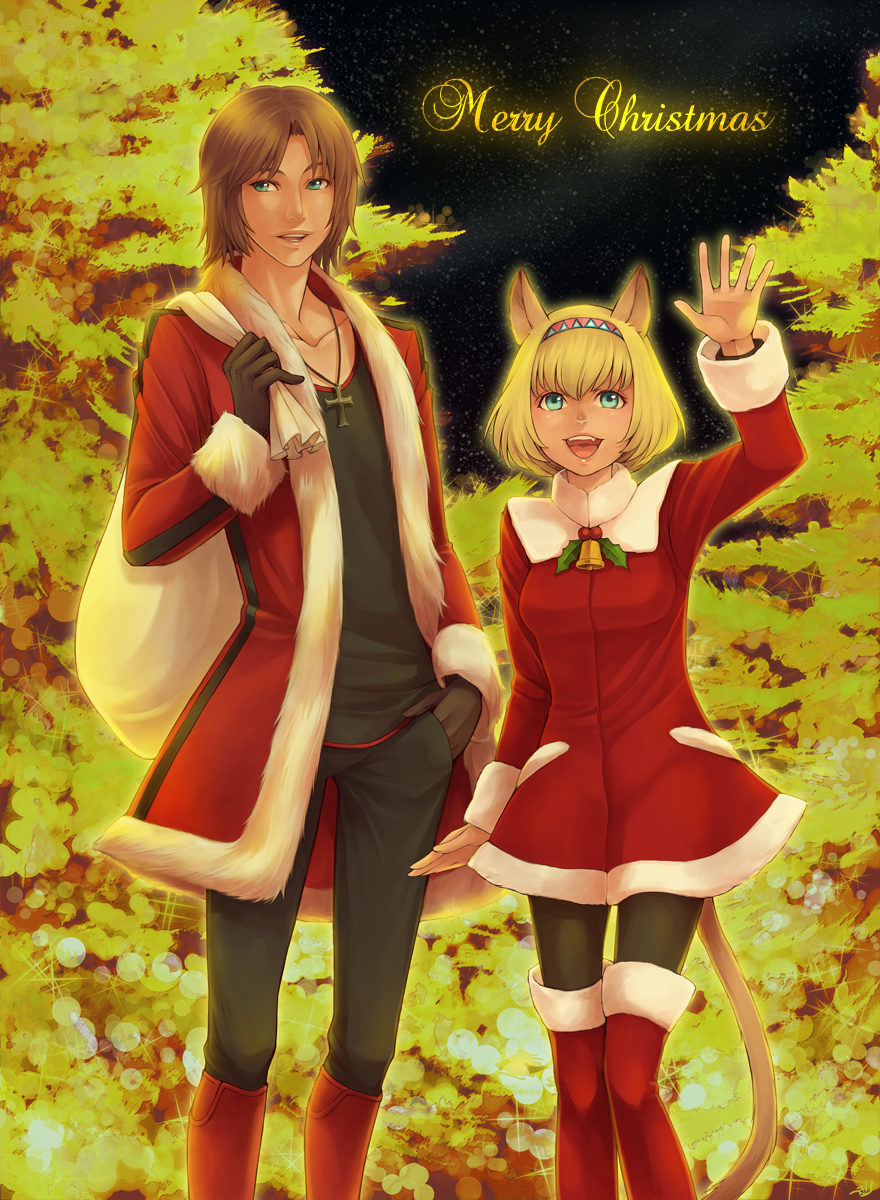 1girl animal_ears aqua_eyes black_legwear blonde_hair boots brown_hair christmas christmas_tree cross fang final_fantasy final_fantasy_xi gloves green_eyes hairband hand_in_pocket highres holly jewelry looking_at_viewer merry_christmas mithra necklace open_mouth pantyhose pointy_ears sack santa_boots santa_costume short_hair tail takatsuki_kahiro thigh_boots thighhighs waving