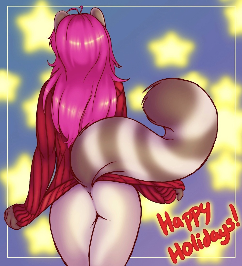 avoid_posting back_turned bottomless butt carroon clothed clothing english_text exposed facing_away female hair half-dressed holiday holidays mammal nude pink_hair playful pose presenting raccoon raised_tail silk skimpy solo sweater tail teasing text tygurstar