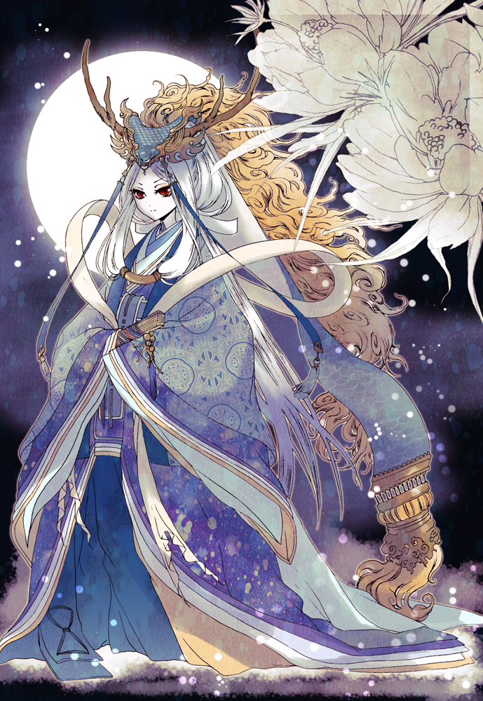 antlers chinese_zodiac commentary_request dragon dragon_girl flower full_moon hagoromo hair_tubes headdress holding horns japanese_clothes kimono kubo_wako layered_clothing layered_kimono long_hair low_ponytail moon original own_hands_together personification red_eyes shawl sidelocks silver_hair sleeves_past_fingers sleeves_past_wrists solo standing star tree very_long_hair white_hair year_of_the_dragon
