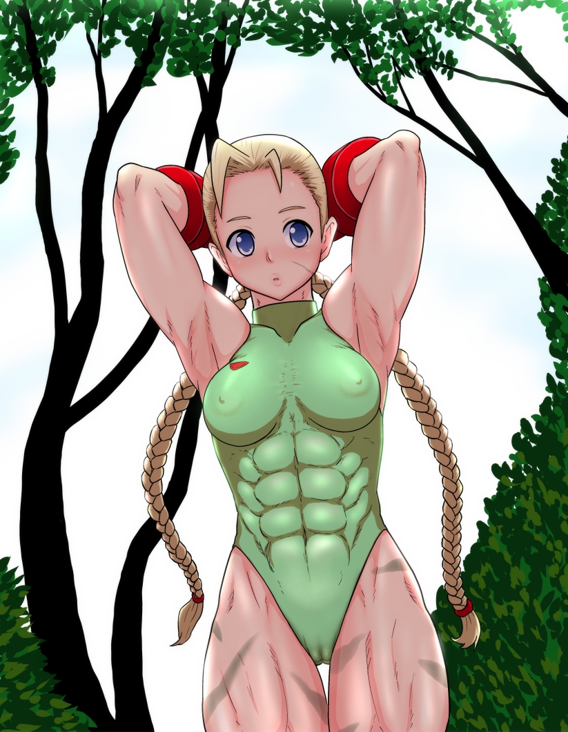 1girl abs areolae armpits blonde_hair blue_eyes breasts cammy_white capcom erect_nipples female isami_jun isamijun long_hair muscle nipples outdoors outside pussy scar solo standing street_fighter swimsuit vagina