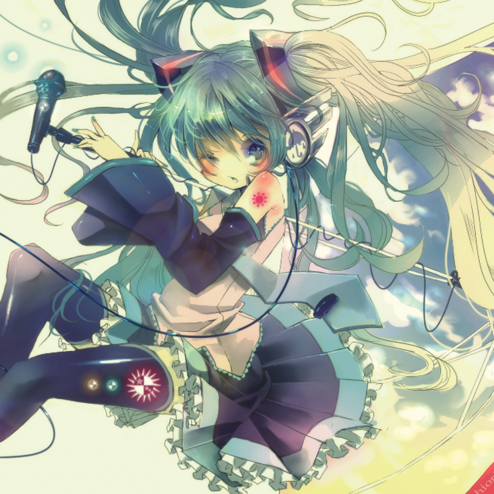bad_id bad_pixiv_id bare_shoulders blush detached_sleeves green_eyes green_hair hatsune_miku headphones long_hair microphone microphone_stand necktie one_eye_closed shiori_(xxxsi) skirt solo thighhighs twintails very_long_hair vocaloid