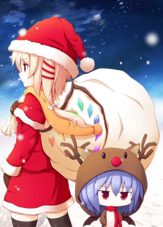 animal_costume bad_id bad_pixiv_id bat_wings beni_shake blonde_hair blue_hair chibi flandre_scarlet hat multiple_girls red_eyes reindeer_costume remilia_scarlet sack santa_costume santa_hat siblings side_ponytail sisters snowing thighhighs touhou wings