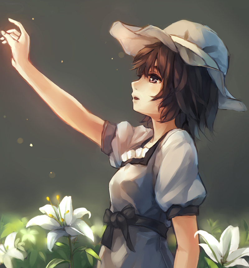 bad_id bad_pixiv_id brown_hair flower hat outstretched_hand shiina_mayuri short_hair solo steins;gate xiao_qiang_(overseas)