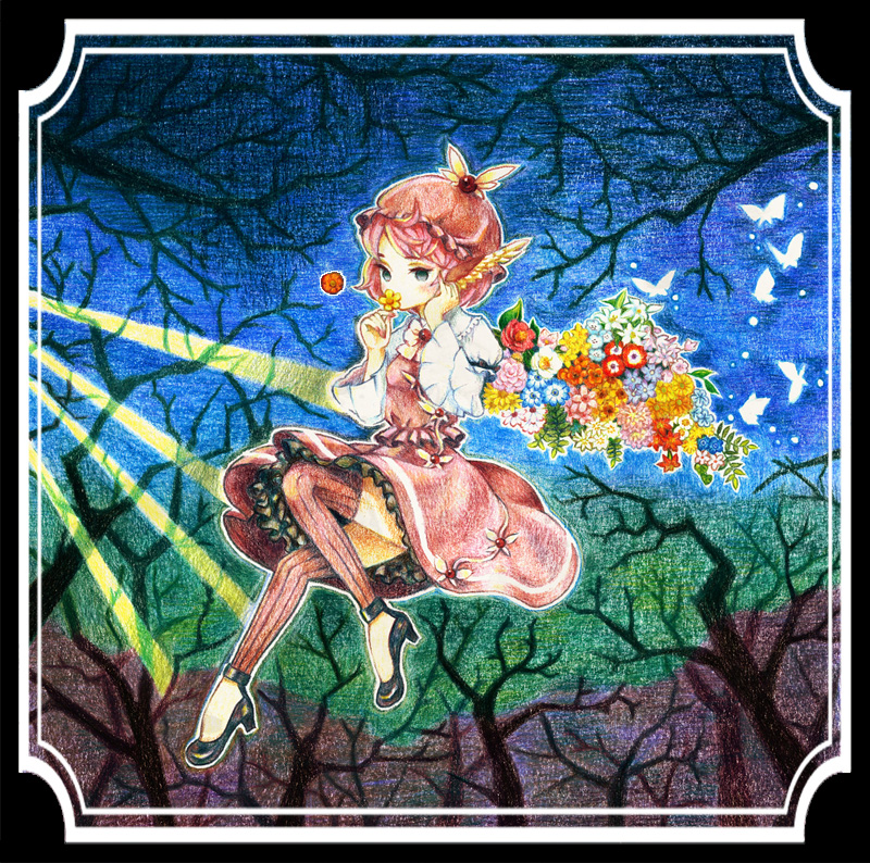 bug butterfly colored_pencil_(medium) flower hat insect mystia_lorelei pink_hair short_hair skirt skirt_set solo takanashi_minato thighhighs touhou traditional_media tree_branch