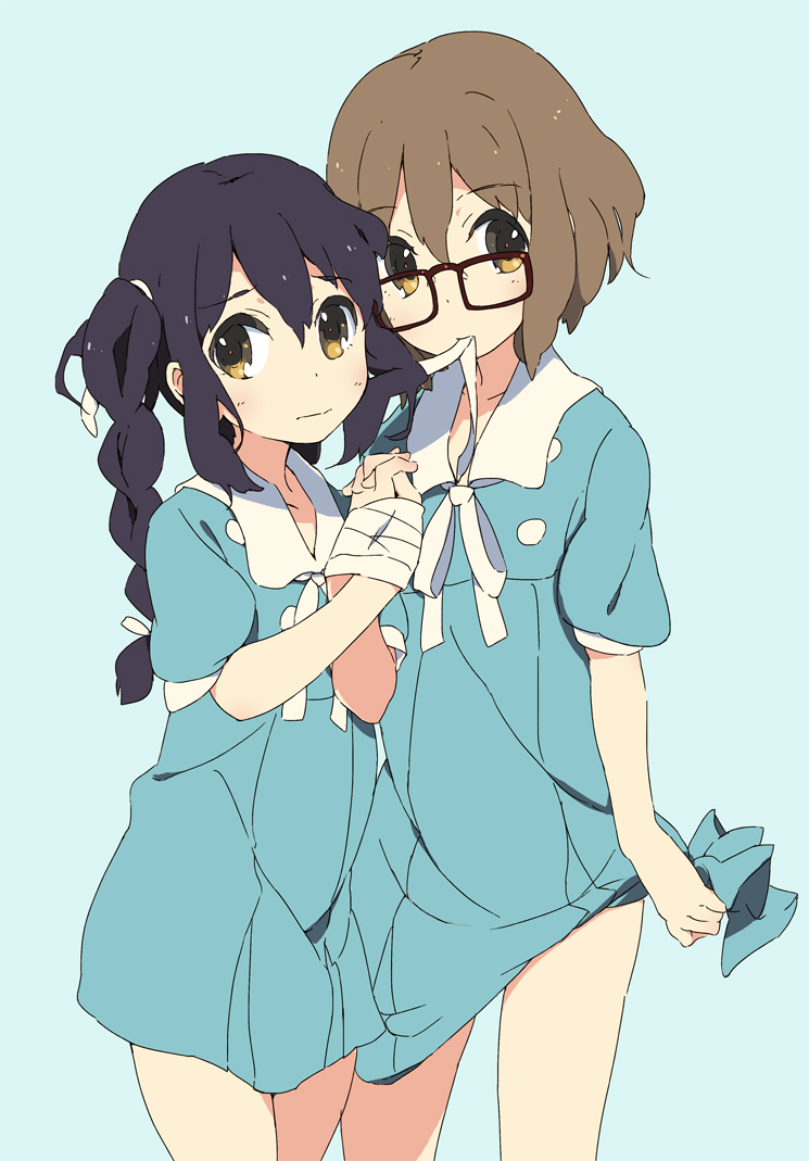 bandages black_hair blue_background braid brown_eyes brown_hair glasses hirasawa_yui holding_hands k-on! k-on!_movie kitano_yuusuke long_hair looking_at_viewer mouth_hold multiple_girls nakano_azusa no_pants red-framed_eyewear school_uniform short_hair singing! twin_braids twintails