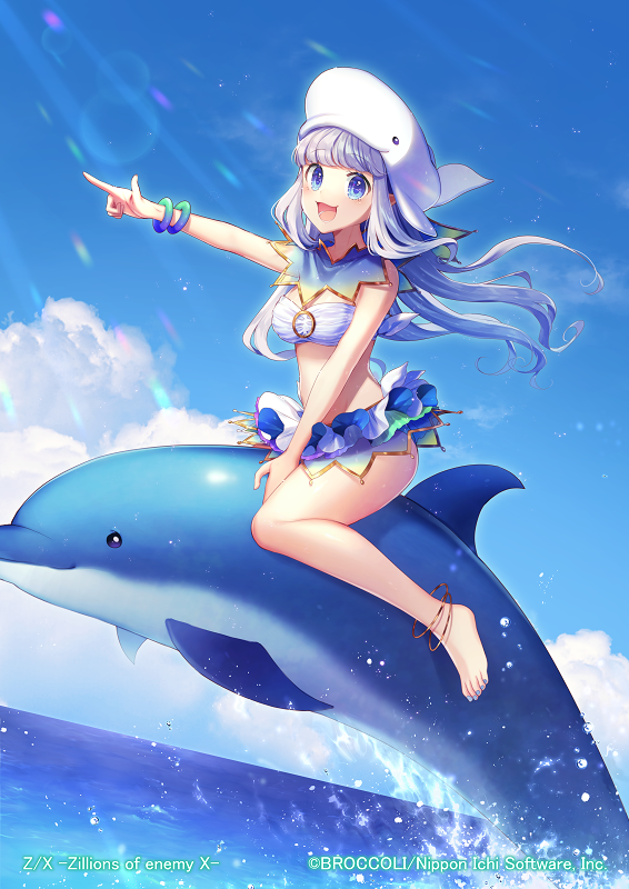 1girl :d animal animal_hat anklet bangs bare_arms bare_legs bare_shoulders barefoot bikini bikini_skirt blue_eyes blue_nails blue_sky bracelet breasts cloud commentary_request copyright_name day dolphin dutch_angle fish floating_hair hat horizon jewelry long_hair looking_at_viewer medium_breasts momoshiki_tsubaki nail_polish ocean official_art open_mouth outdoors outstretched_hand pointing riding sidelocks silver_hair sky smile solo stomach swimsuit thighs water watermark whale_hat white_bikini z/x