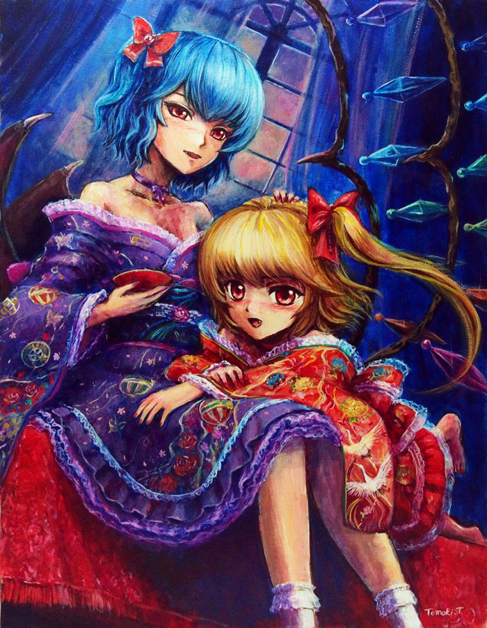 bare_shoulders bat_wings blonde_hair blue_hair bow collarbone cup fang flandre_scarlet hair_bow japanese_clothes multiple_girls open_mouth red_eyes remilia_scarlet sakazuki siblings side_ponytail sisters tafuto touhou traditional_media wings