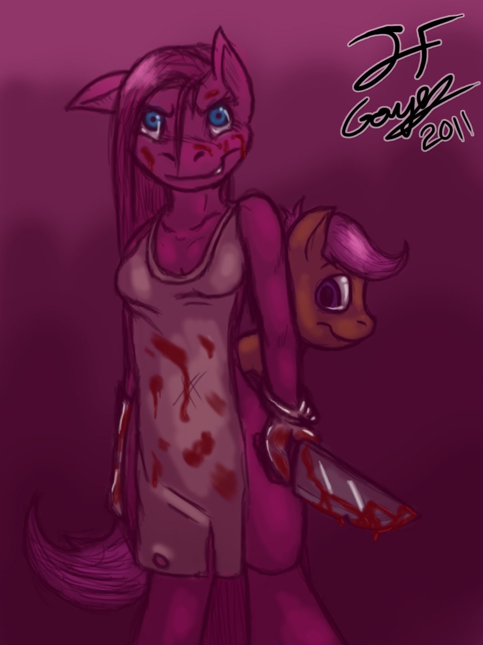 anthrofied apron blood couple equine female friendship_is_magic gloves gore horse knife looking_at_viewer mammal my_little_pony naked_apron pinkamena_(mlp) pinkie_pie_(mlp) pony scootaloo_(mlp)