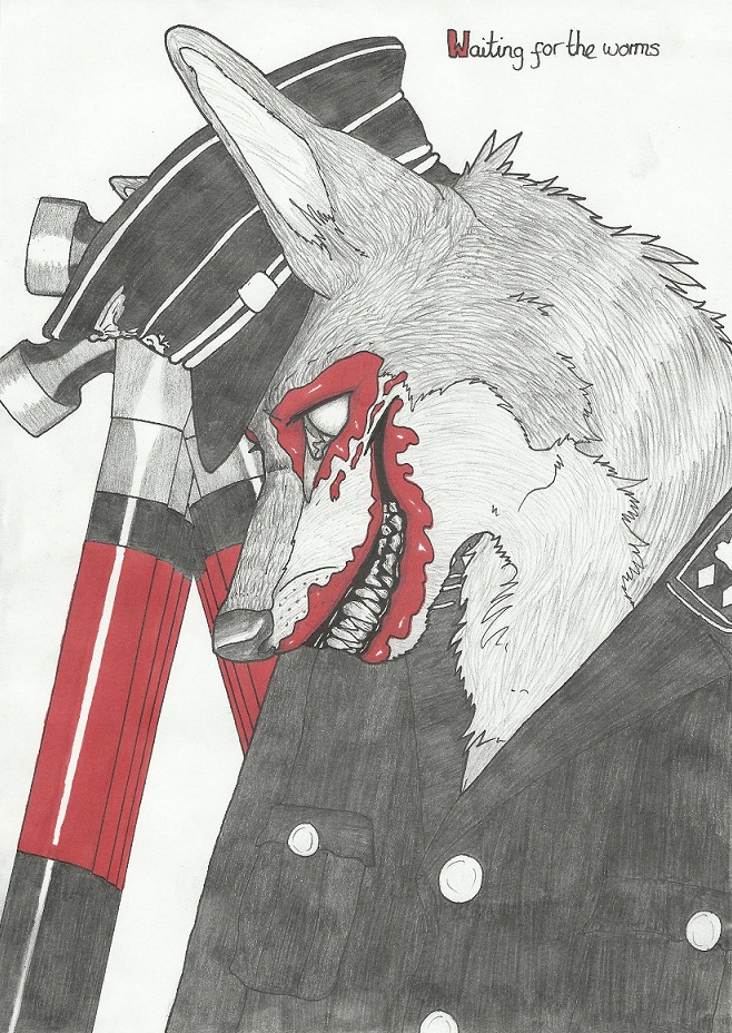 black blood canine crazywolfgirl english_text hammer hat male mammal nazi nazi_uniform pink_floyd smile teeth text the_wall uniform waiting_for_the_worms white_eyes wolf