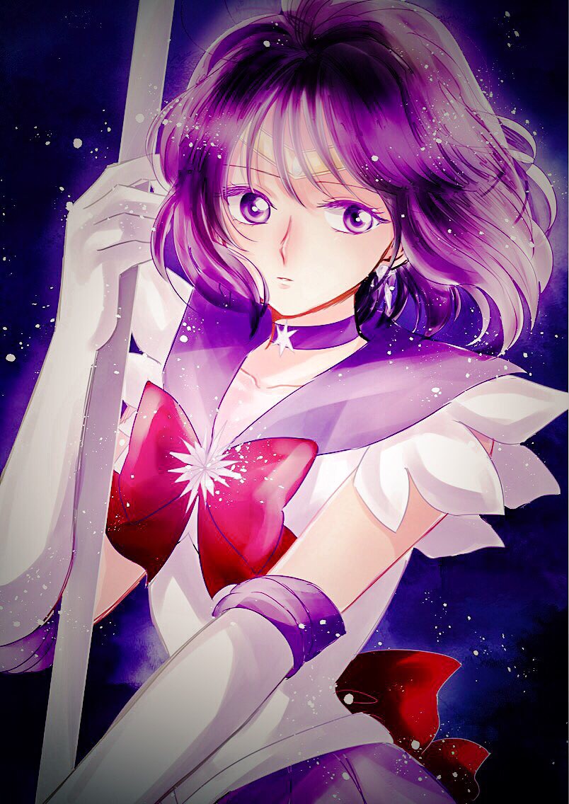 1girl back_bow bishoujo_senshi_sailor_moon bow bowtie choker collarbone elbow_gloves gloves hana_(haruharu-michimichi83) looking_at_viewer parted_lips pleated_skirt purple_eyes purple_hair purple_sailor_collar purple_skirt red_bow red_neckwear sailor_collar sailor_saturn sailor_senshi_uniform shirt short_hair skirt sleeveless sleeveless_shirt solo upper_body white_gloves white_shirt