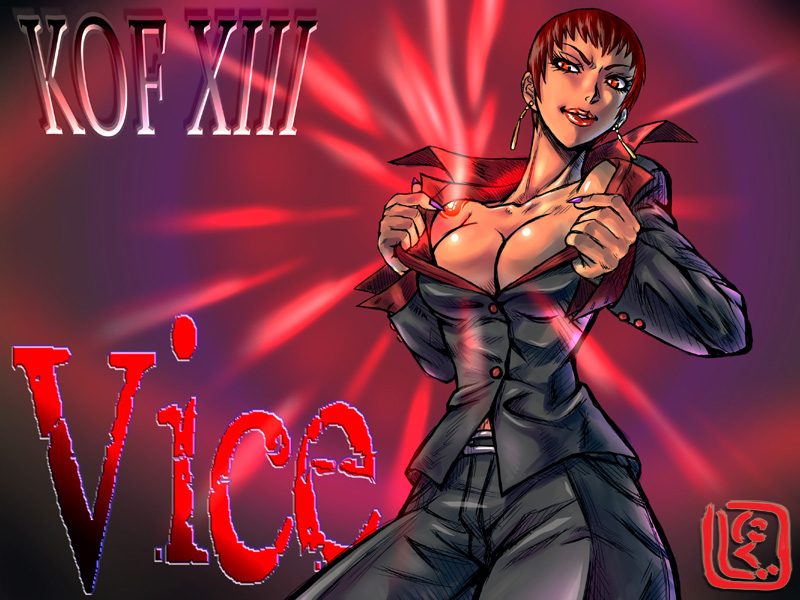 breasts brown_hair cleavage dark_skin earrings formal jacket jewelry large_breasts lipstick makeup nail_polish nikuji-kun no_bra open_clothes open_jacket pant_suit popped_collar red_eyes short_hair solo suit the_king_of_fighters vice