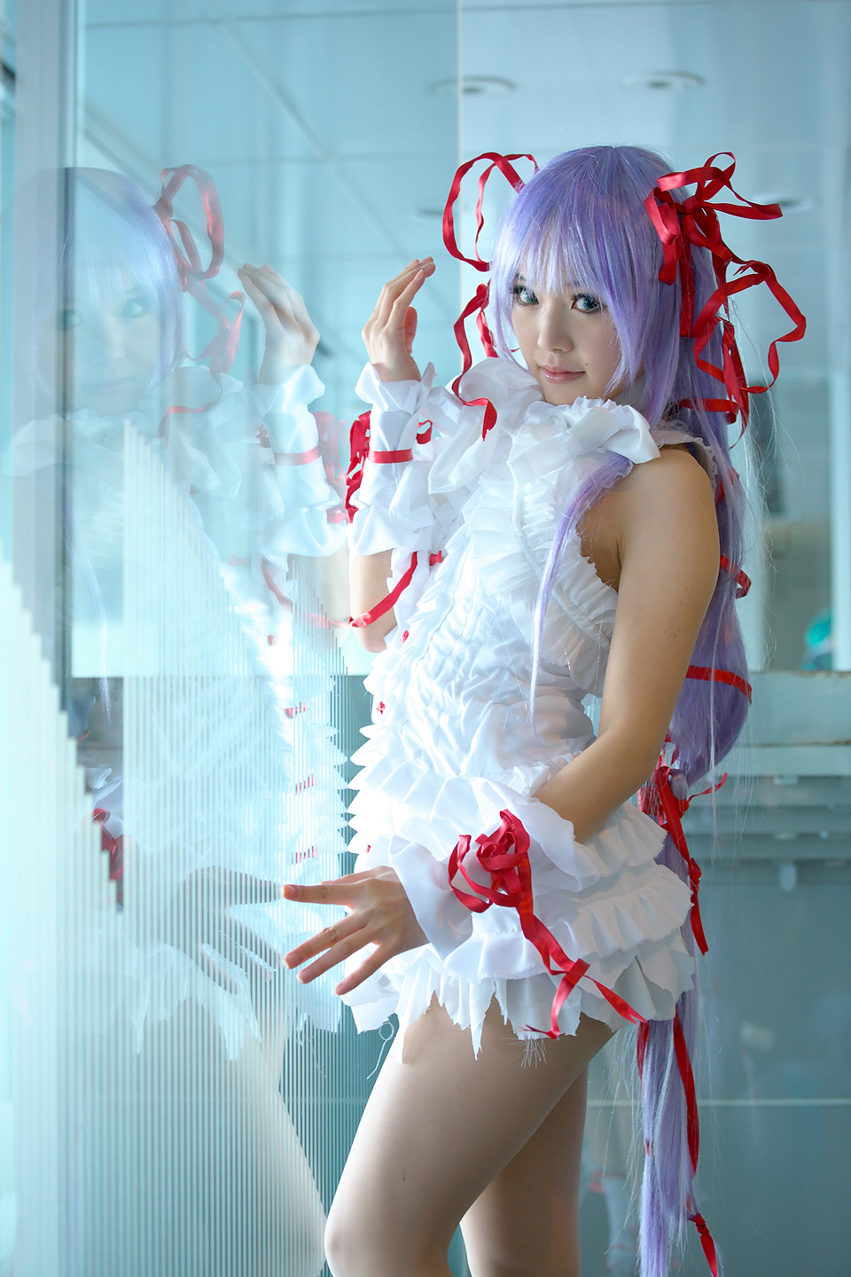 al_azif cosplay cuffs demonbane dress frills hair_ribbon hair_ribbons highres kipi-san photo purple_hair ribbon ribbons ruffles