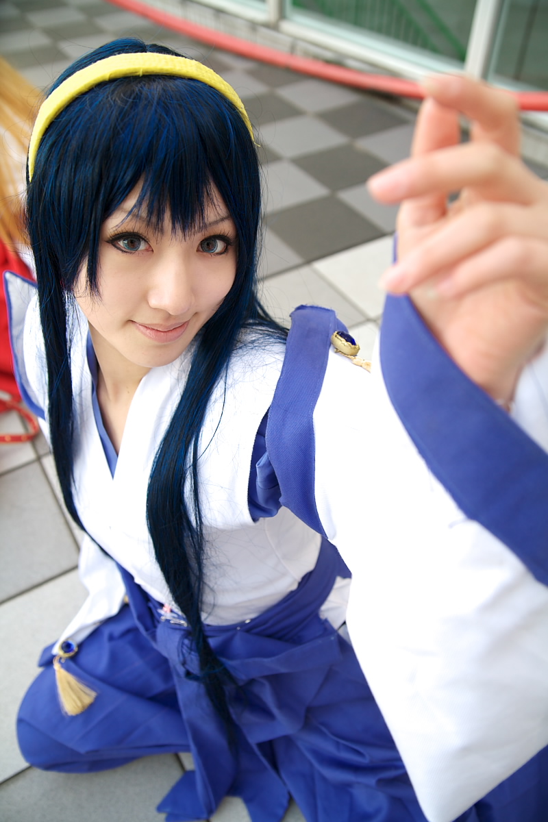 blue_hair cosplay hairband highres himemiya_chikane japanese_clothes kannazuki_no_miko miko photo robe robes saya saya_(cosplayer)