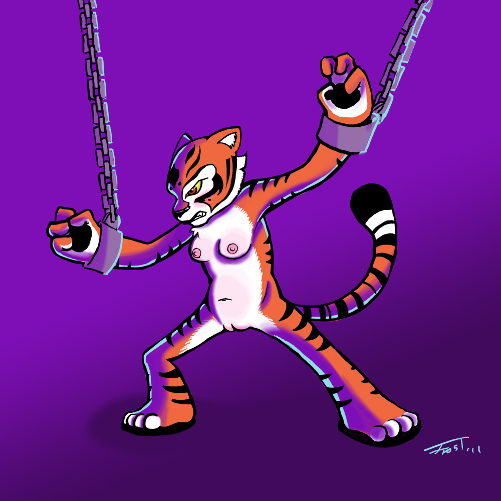 anthro bdsm breasts chain feline female fr0st handcuffs kung_fu_panda mammal master_tigress nipples pussy red_eyes shackles solo tiger
