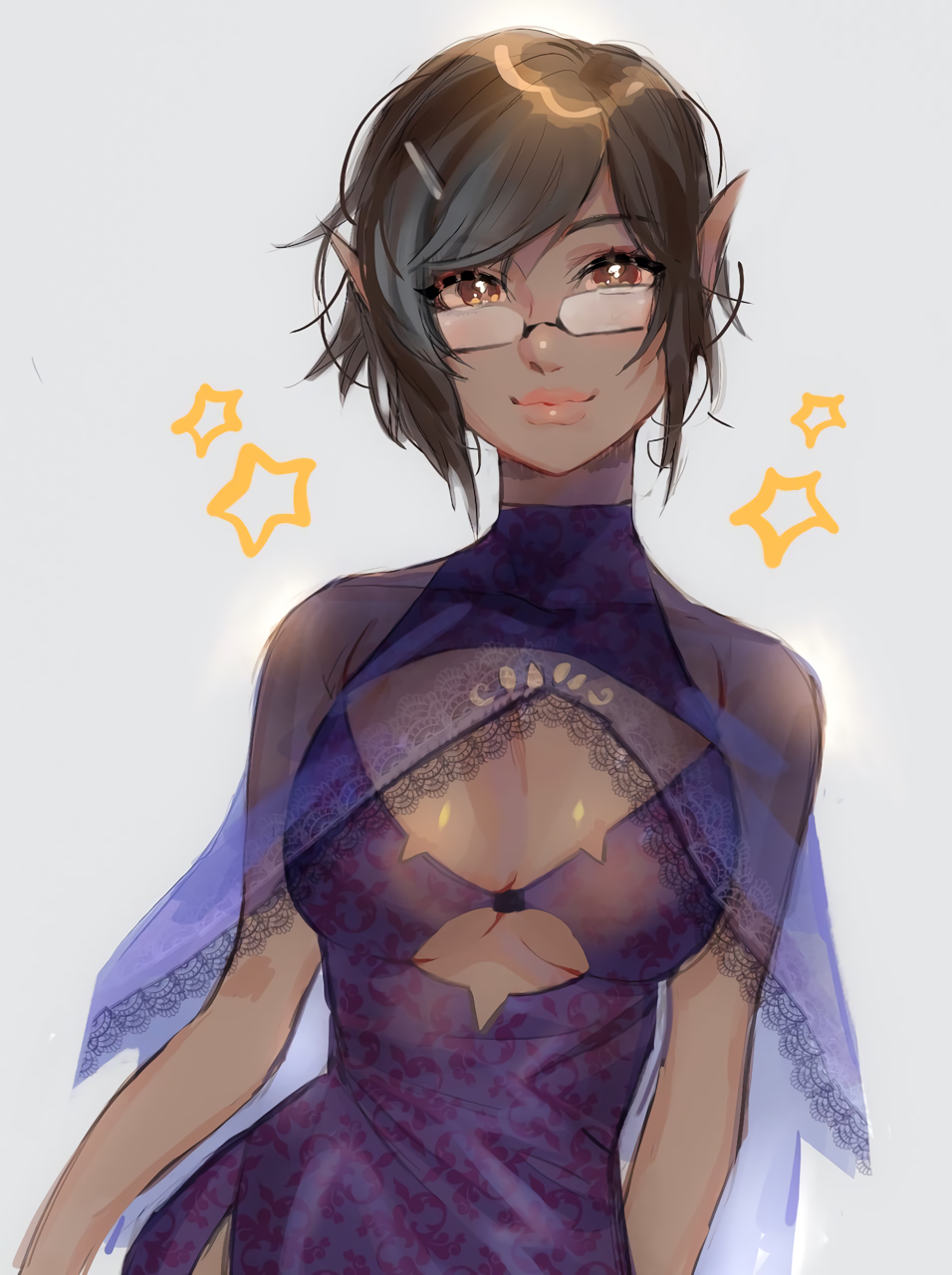 1girl bangs black_hair borrowed_character breasts brown_eyes cape cleavage cleavage_cutout commission dark_skin dress elezen elf final_fantasy final_fantasy_xiv glasses hair_ornament hairclip highres janelle_colbernoux large_breasts lips looking_at_viewer pointy_ears purple_dress see-through semi-rimless_eyewear short_hair smile solo swept_bangs under-rim_eyewear underboob underboob_cutout unxi