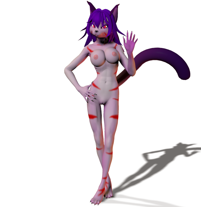 3d alpha_channel anthro big_breasts breasts cat feline female fur hair long_hair long_tail looking_at_viewer mammal nude open_mouth opera_kranz plain_background pussy smile solo solotarobo unrealfox