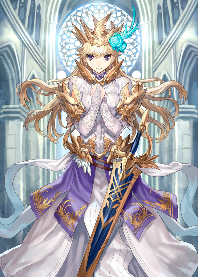 armor armored_dress blonde_hair blue_flower blue_rose bridal_gauntlets church crown dress earrings flower hair_flower hair_ornament hands_on_own_chest hands_together jewelry long_dress long_hair original own_hands_together patterned pillar purple_eyes ran'ou_(tamago_no_kimi) rose sheath sheathed smile solo sword weapon
