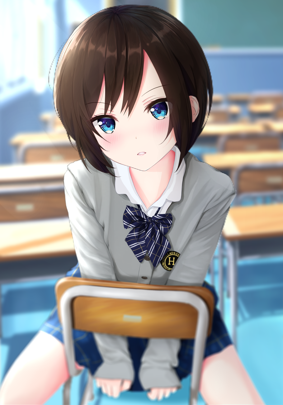 blue_eyes blue_skirt blurry blurry_background blush bow bowtie brown_hair cardigan chair classroom commentary_request depth_of_field desk grey_cardigan highres indoors long_sleeves looking_at_viewer mito_ichijyo original parted_lips pleated_skirt school school_chair school_desk school_uniform shirt short_hair sitting sitting_backwards skirt sleeves_past_wrists solo v_arms white_shirt window