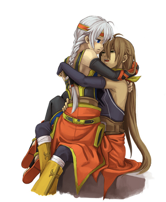 2boys androgynous artist_request braid brown_hair character_request elbow_gloves freyjadour_falenas gensou_suikoden gensou_suikoden_v gloves headband hug long_hair male male_focus multiple_boys roy roy_(suikoden) silver_hair suikoden suikoden_v teenage trap yaoi