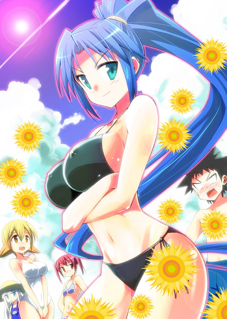 4girls bikini black_bikini blue_eyes blue_hair blush breast_envy breast_hold breasts collarbone commentary_request covered_nipples crossed_arms flower groin kobato_kana kobayashi_hiro large_breasts long_hair meteor-san_strike_desu! multiple_girls navel ponytail saegusa_yuzu side-tie_bikini sideboob smile sunflower swimsuit takuji_(dekosenn) tanaka_omega yamada_meteor