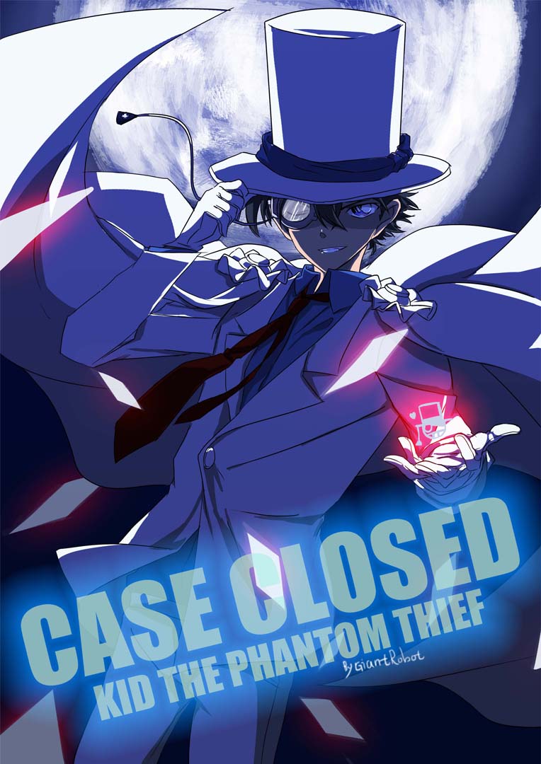 adjusting_clothes adjusting_hat bad_id bad_pixiv_id cape character_name copyright_name d_midiror formal full_moon gloves grin hat kaitou_kid kuroba_kaito male_focus meitantei_conan monocle moon necktie one_eye_closed smile solo suit top_hat white_gloves