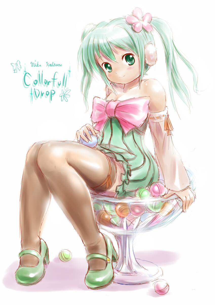 bare_shoulders colorful_drop_(module) colorful_x_melody_(vocaloid) dress full_body green_eyes green_hair hatsune_miku high_heels highres long_hair mary_janes moriichi project_diva_(series) project_diva_2nd shoes simple_background sitting solo thighhighs twintails vocaloid white_background