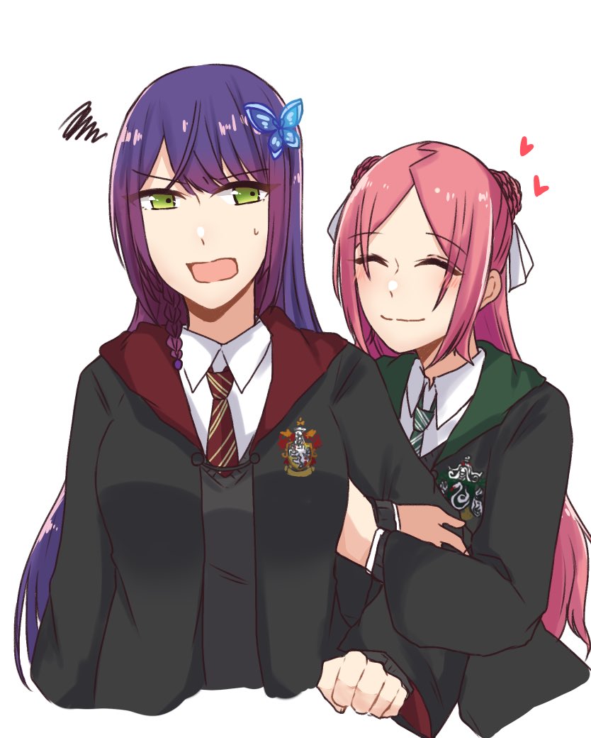 2girls ^_^ annoyed arm_at_side arm_hug assault_lily black_robe blush braid braided_bun breasts butterfly_hair_ornament clenched_hand closed_eyes closed_mouth collared_shirt commentary cropped_torso diagonal-striped_necktie double_bun funada_kiito green_eyes green_necktie grey_sweater gryffindor hair_bun hair_ornament hair_ribbon hand_up hands_up harry_potter_(series) heart hogwarts_school_uniform hood hood_down hooded_robe long_hair long_sleeves looking_at_another looking_to_the_side medium_breasts multiple_girls necktie nigari_(ngari_0115) open_clothes open_mouth open_robe parted_bangs purple_hair red_hair red_necktie ribbon robe school_uniform shiba_tomoshibi shirt side_braid sideways_glance simple_background single_braid slytherin smile squiggle sweatdrop sweater upper_body v-shaped_eyebrows white_background white_ribbon white_shirt wizarding_world yuri